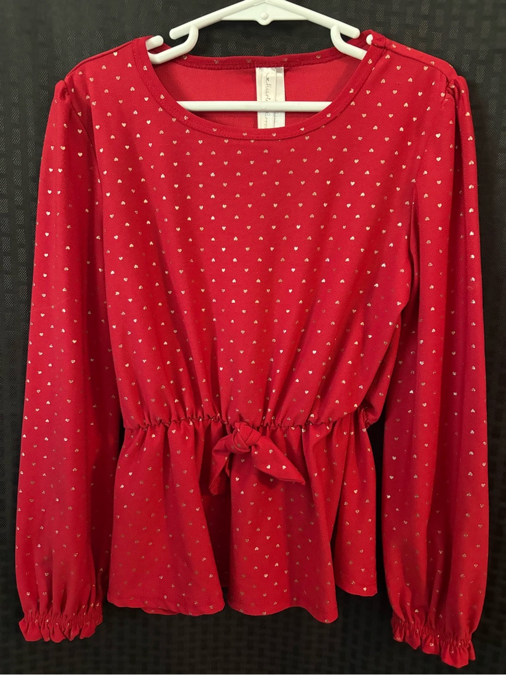 Girls' Red Long-Sleeve Tie-Waist Top with Heart Detail